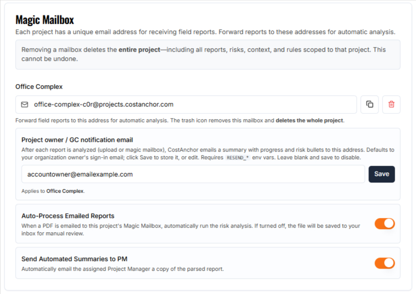 CostAnchor Magic Mailbox — CC field reports to your project inbox